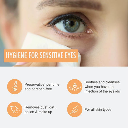 Close-up of an eye with a tissue, text about hygiene for sensitive eyes, and icons indicating product features.