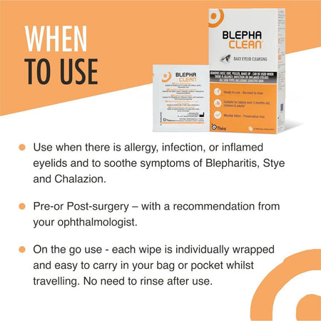 Blepha Clean product packaging with usage instructions on an orange and white background