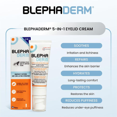 Blephaderm eyelid cream packaging with product description on a light blue background