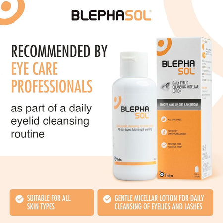 Blephasol eyelid cleansing solution with bottle and packaging on a beige background