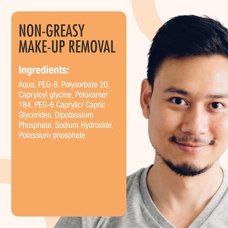 Man with a product label on an orange background about non-greasy makeup removal.