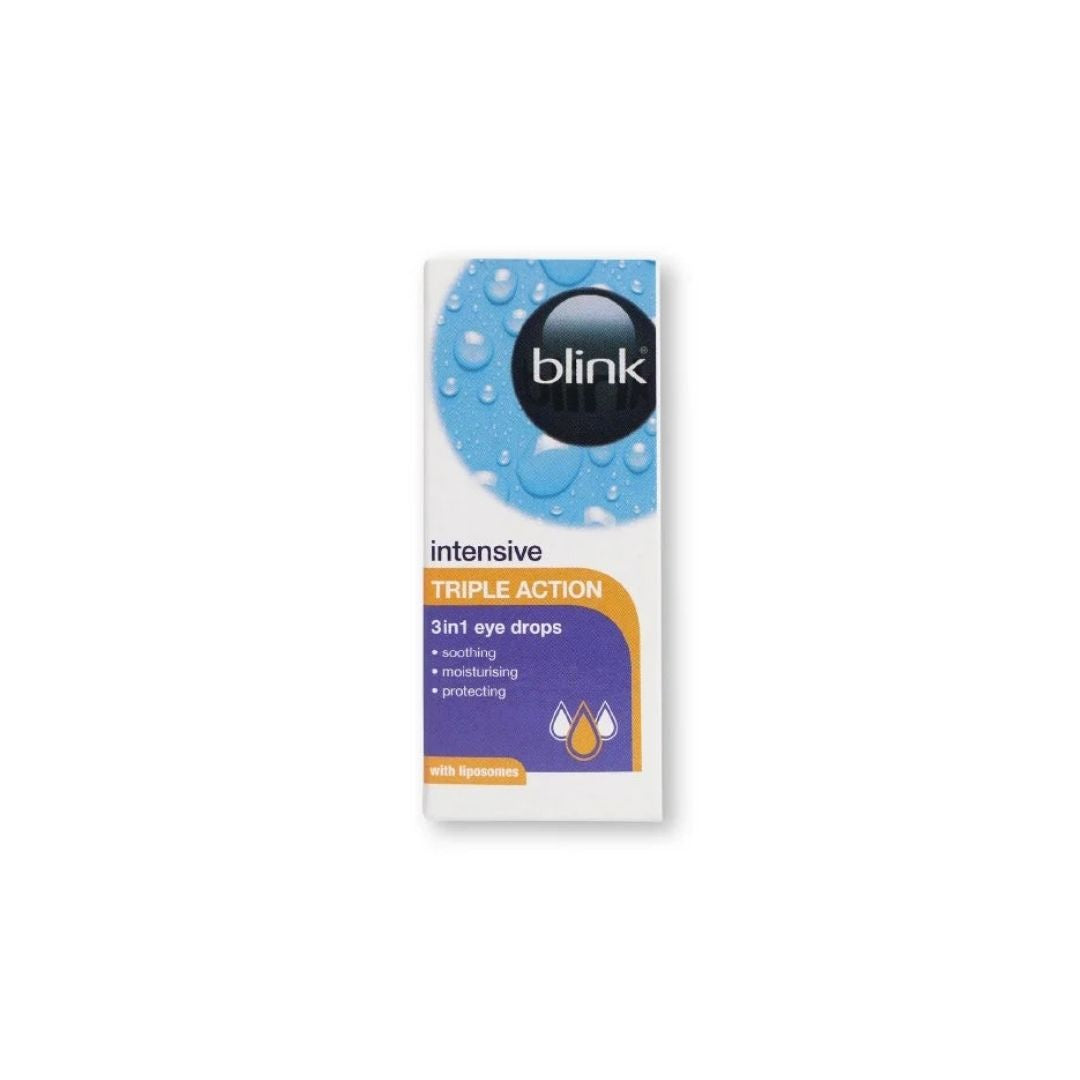 Blink Intensive Triple Action Eye Drops packaging on a white background
