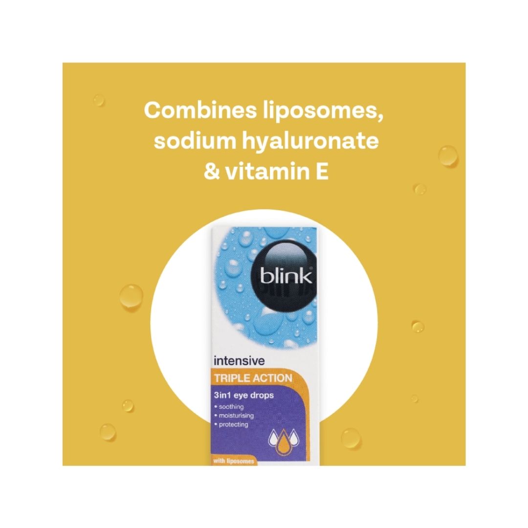 Blink Intensive Triple Action Eye Drops product information on a mustard yellow background