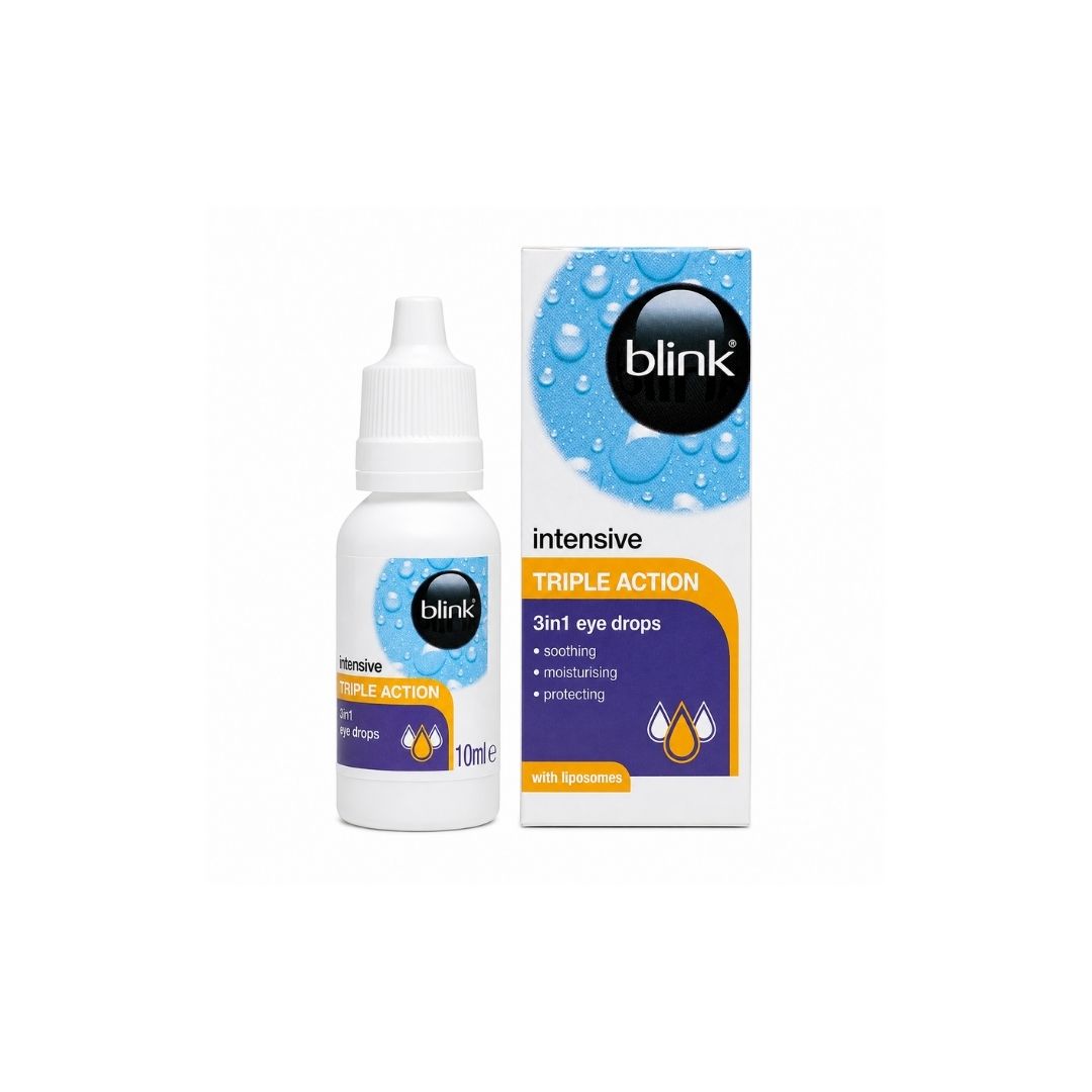 Blink Intensive Triple Action Eye Drops dropper and packaging on a white background