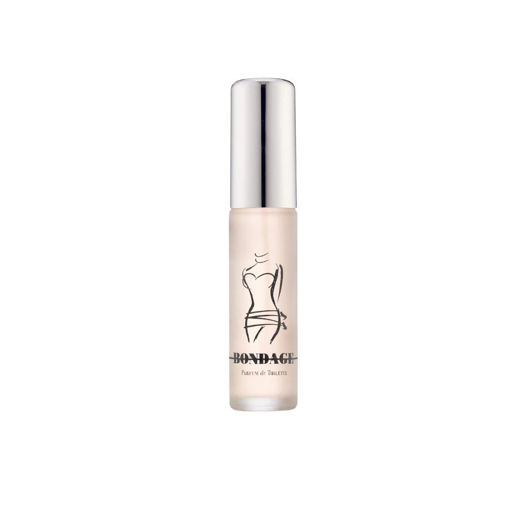 A bottle of Bondage Beauty makeup with a metallic silver cap and a frosted glass body showing a light beige liquid inside, set against a plain white background.