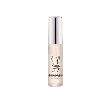 A bottle of Bondage Beauty makeup with a metallic silver cap and a frosted glass body showing a light beige liquid inside, set against a plain white background.