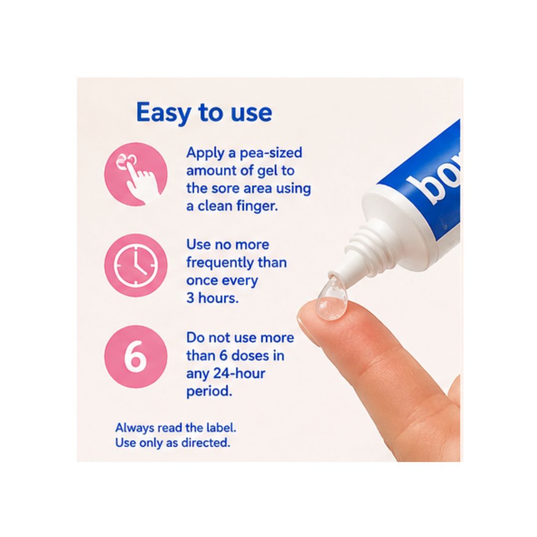 Bonjela Teething Gel 4 Months+ usage guide on a cream background