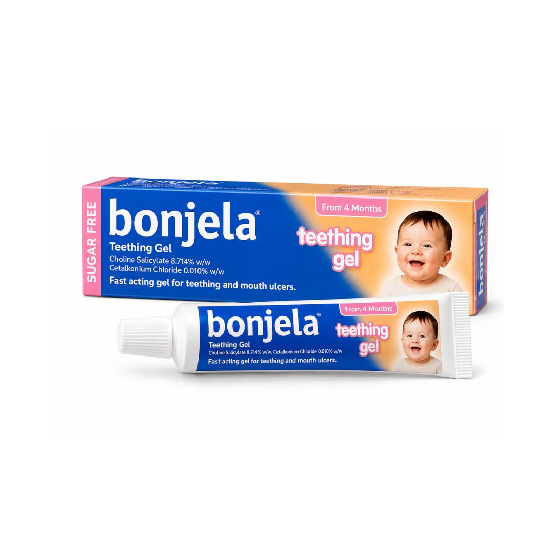 Bonjela Teething Gel 4 Months+ packaging and product on a white background