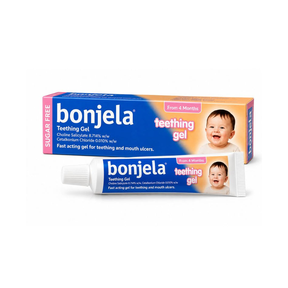 Bonjela Teething Gel 4 Months+ packaging and product on a white background