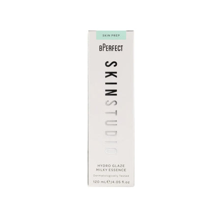 BPerfect Skin Studio Hydro Glaze Milky Essence in a tall, narrow white box with black text and a small mint green 'Skin Prep' tab at the top, shown on a plain white background.