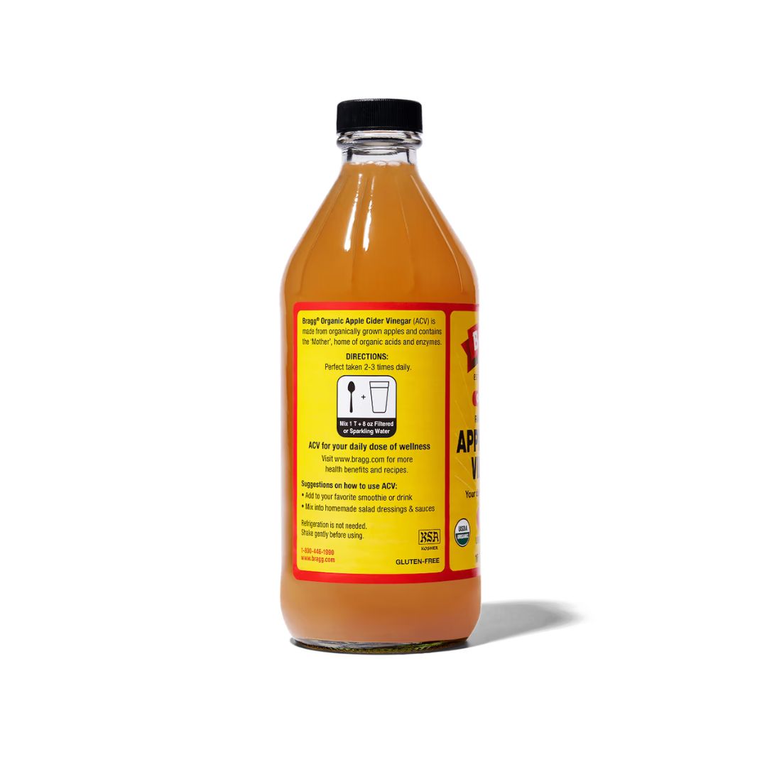 Bragg Apple Cider Vinegar reart of bottle on a white background