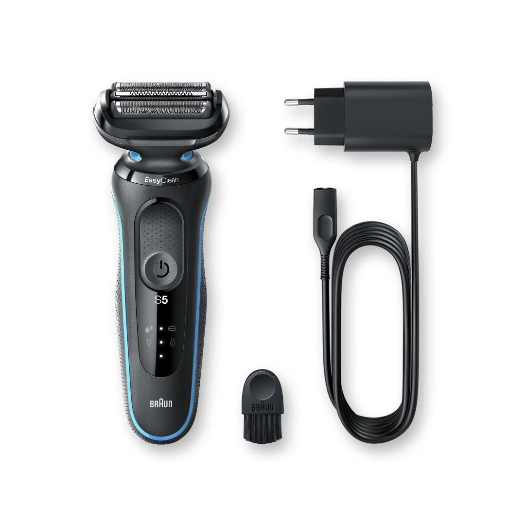 Braun Series 5 50-M1000s Wet & Dry Electric Shaver, charger and brush on a white background