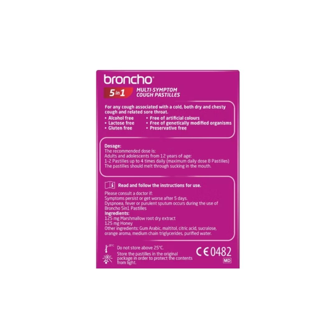 Broncho 5-in-1 Multi-Symptom Cough Pastilles (rear angle) on a white background