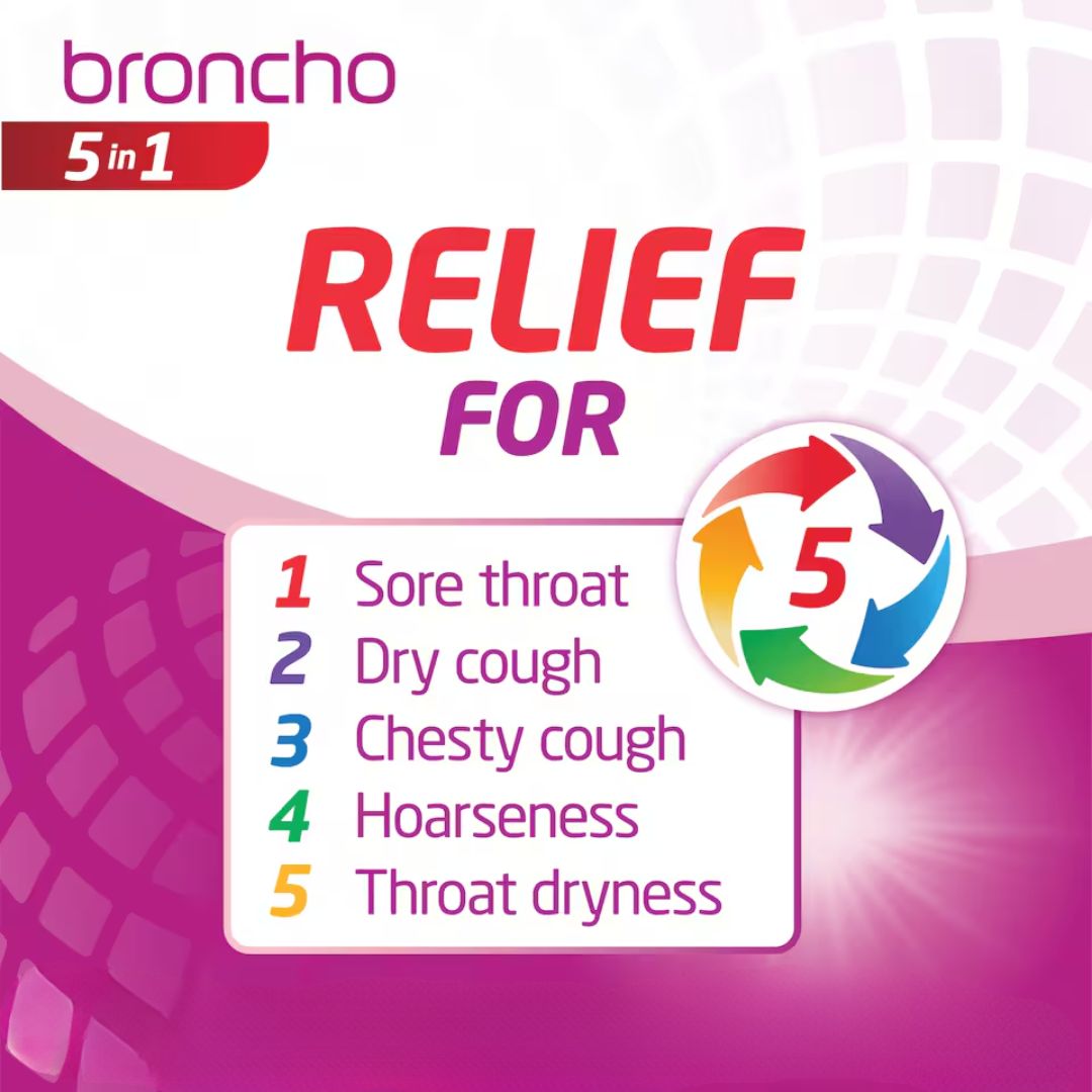 Broncho 5-in-1 Multi-Symptom Cough Pastilles 'RELIEF FOR...' graphic