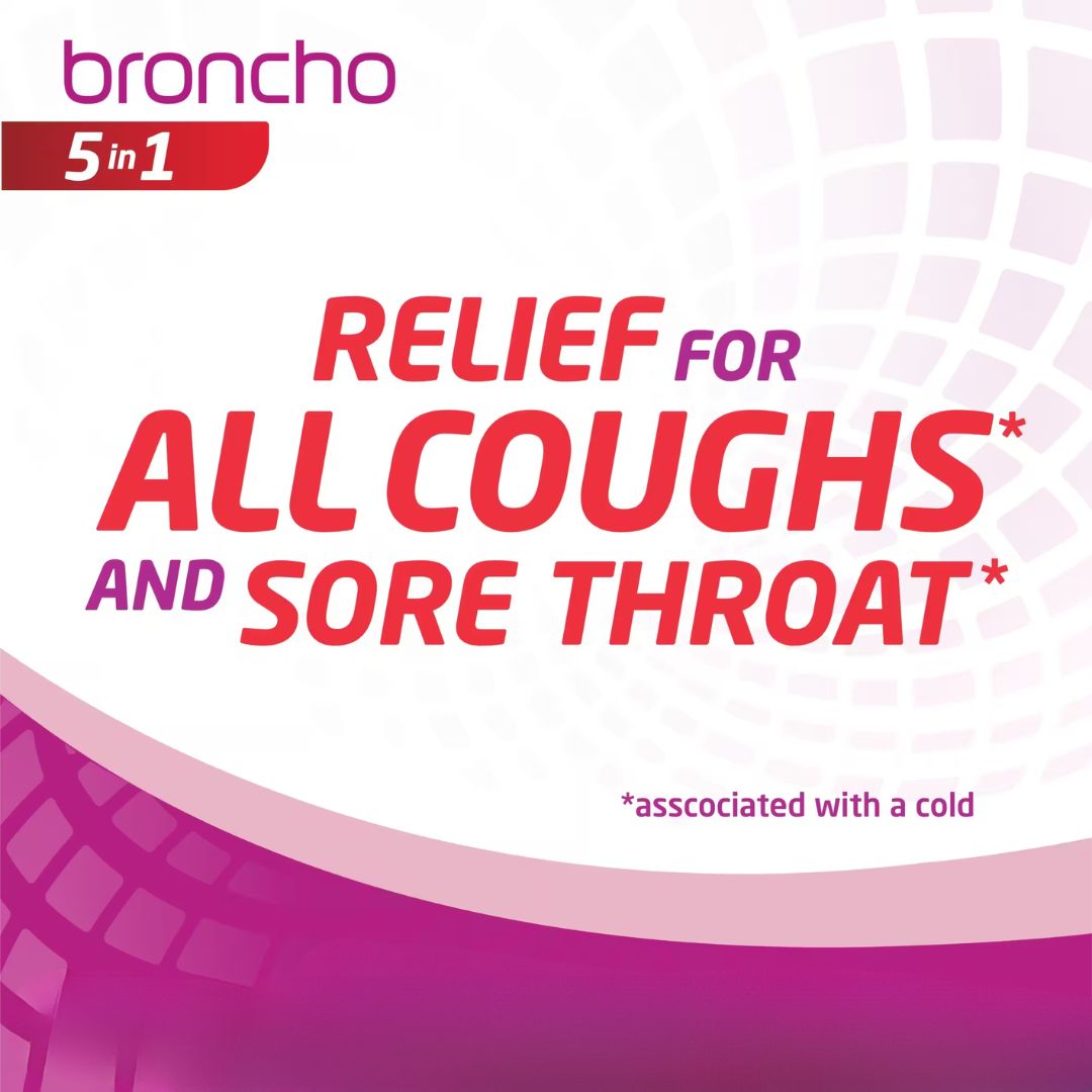 Broncho 5-in-1 Multi-Symptom Cough Pastilles 'RELIEF FOR ALL COUGHS AND SORE THROAT' graphic