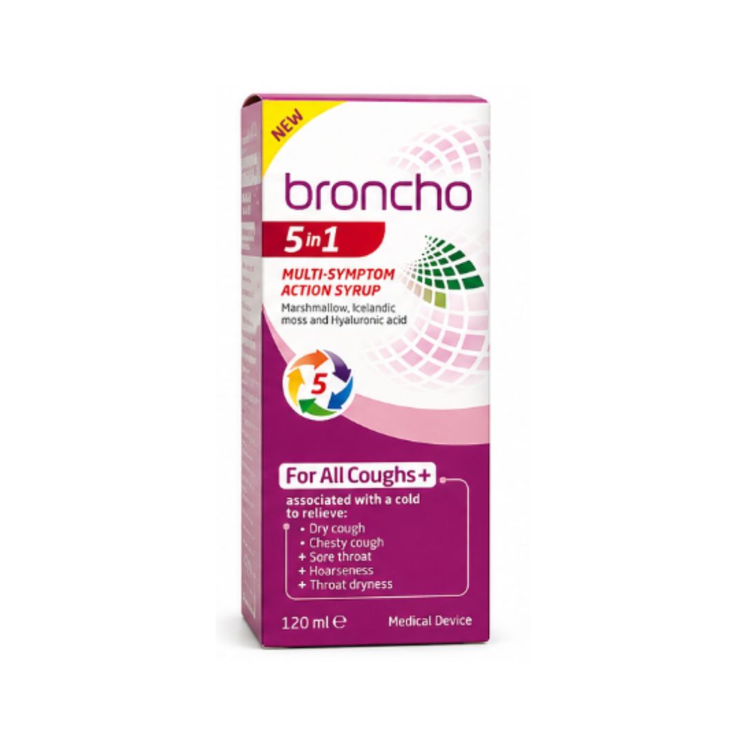 Broncho 5-in-1 Multi-Symptom Action Cough Syrup 120ml packaging on a white background