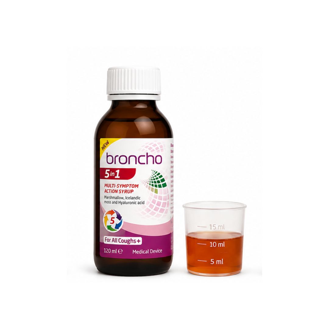 Broncho 5-in-1 Multi-Symptom Action Cough Syrup 120ml bottle and measure on a white background