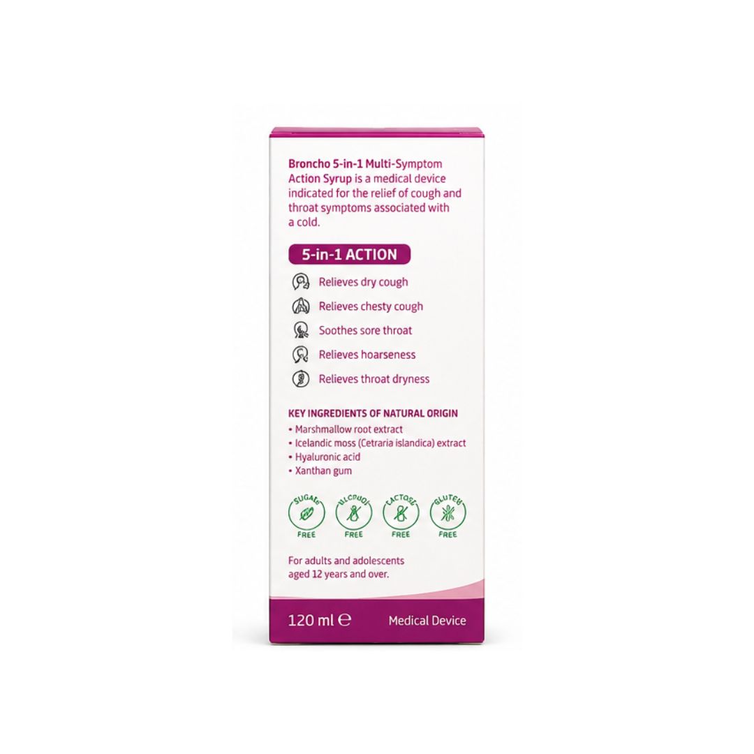 Broncho 5-in-1 Multi-Symptom Action Cough Syrup 120ml packaging (rear view) on a white background