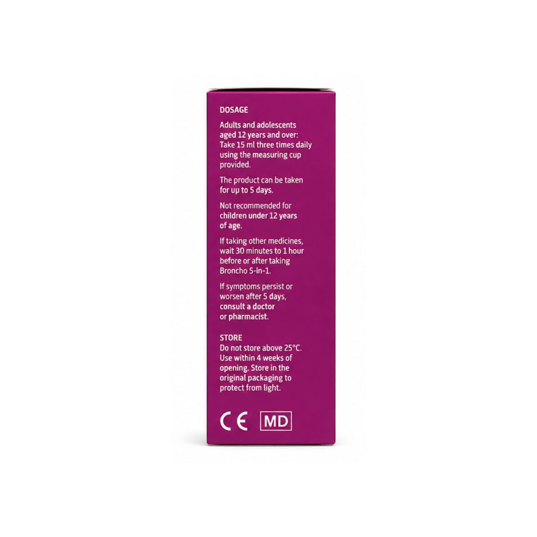 Broncho 5-in-1 Multi-Symptom Action Cough Syrup 120ml packaging (side view) on a white background