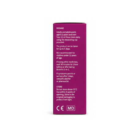 Broncho 5-in-1 Multi-Symptom Action Cough Syrup 120ml packaging (side view) on a white background