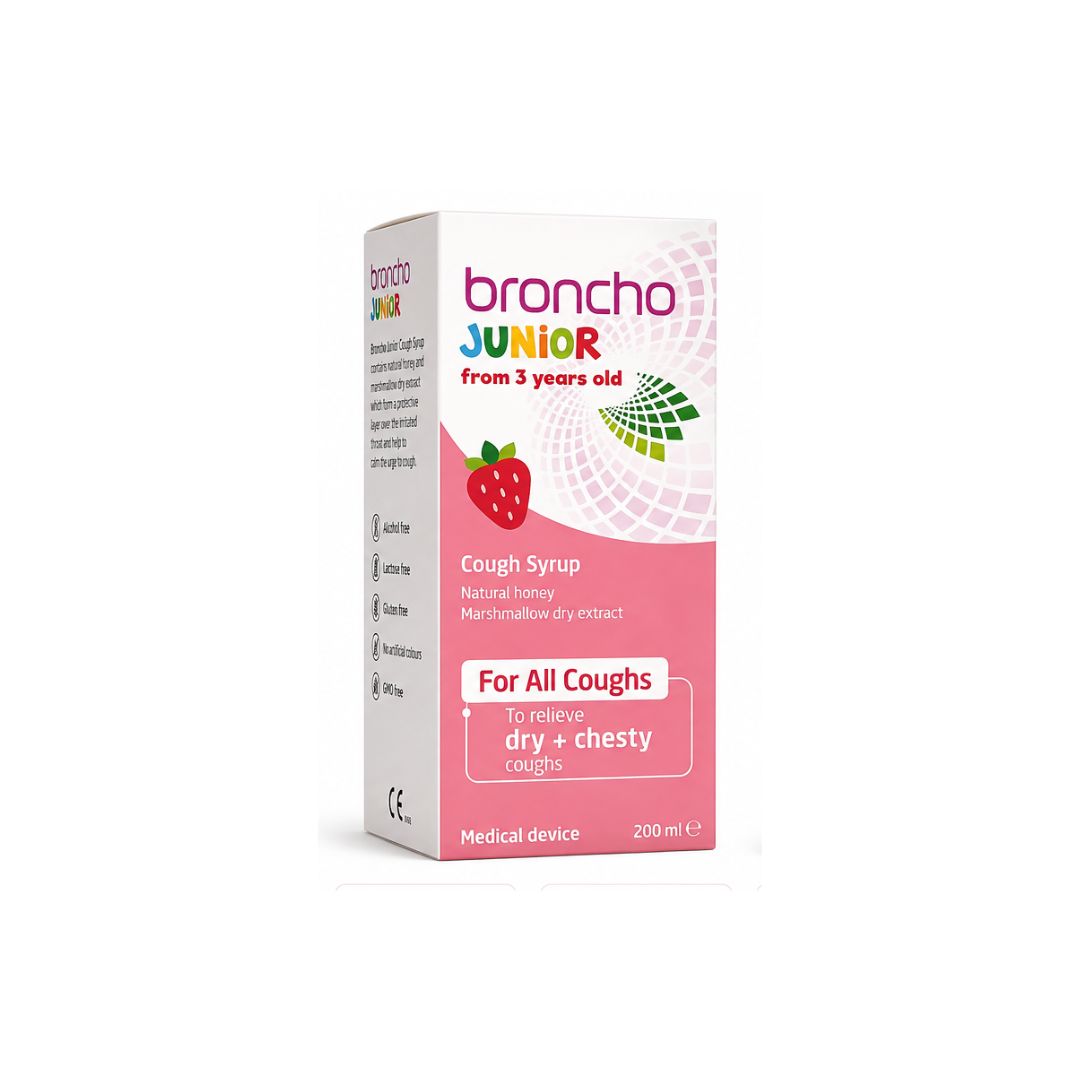 Broncho Junior Cough Syrup – Strawberry packaging (side view) on a white background
