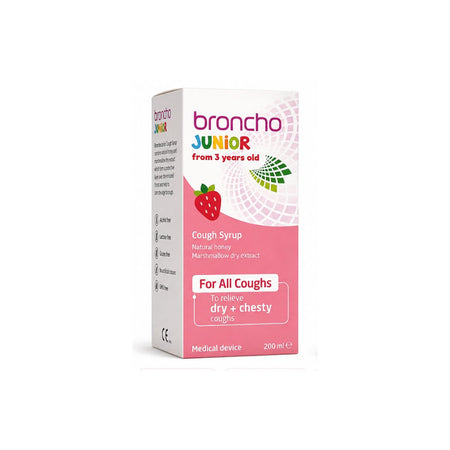 Broncho Junior Cough Syrup – Strawberry packaging (side view) on a white background