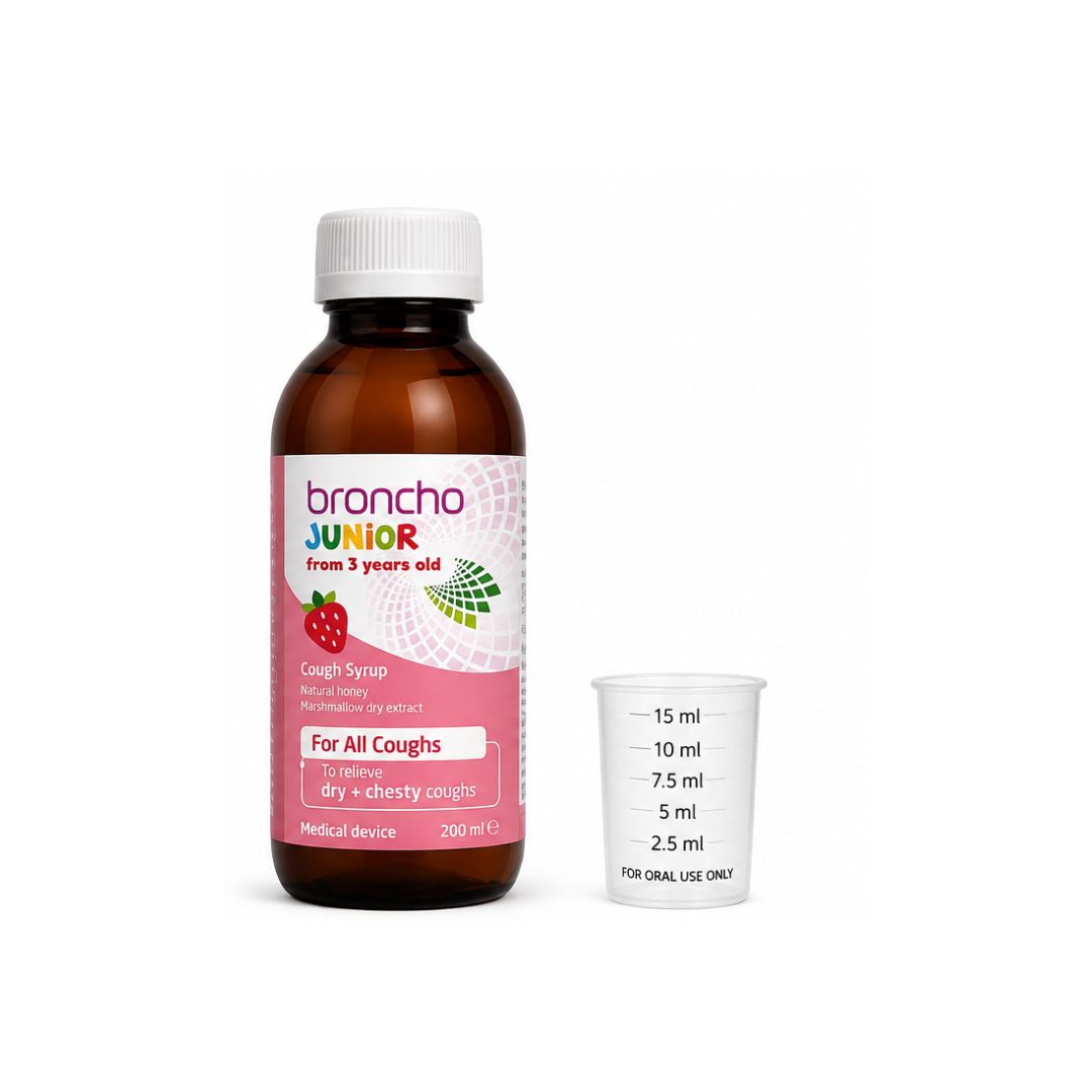 Broncho Junior Cough Syrup – Strawberry bottle and measure on a white background