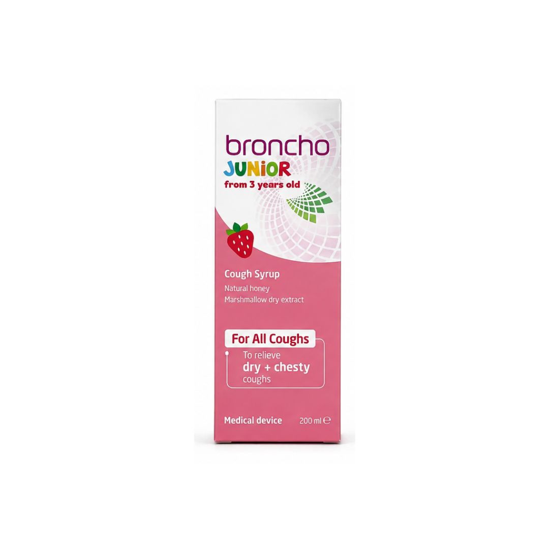 Broncho Junior Cough Syrup – Strawberry packaging on a white background