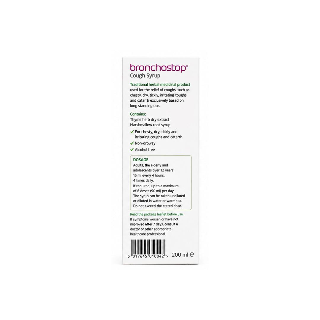 Bronchostop Cough Syrup 200ml packaging (rear view) on a white background