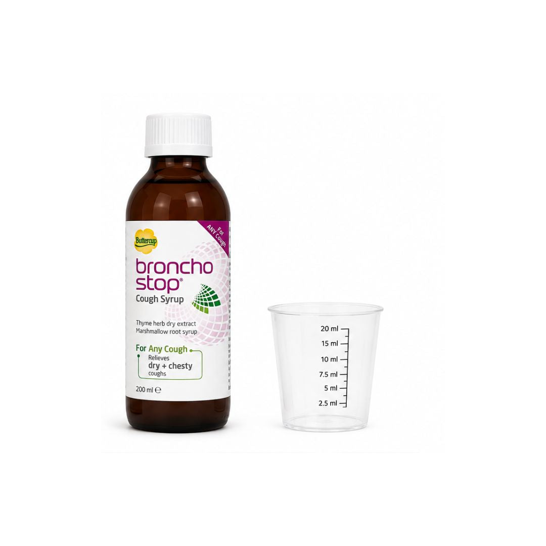 Bronchostop Cough Syrup 200ml bottle and measure on a white background