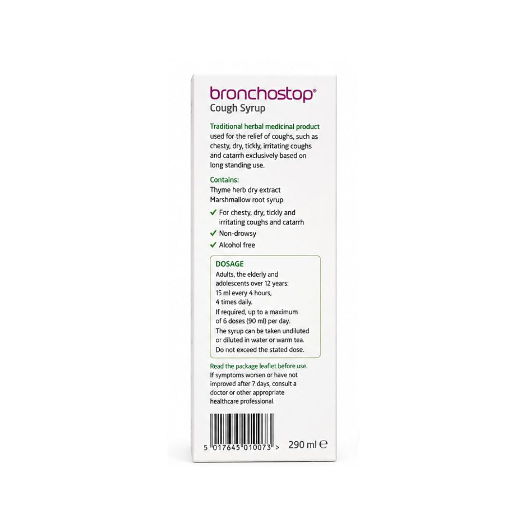 Bronchostop Cough Syrup 290ml packaging (side angle) on a white background