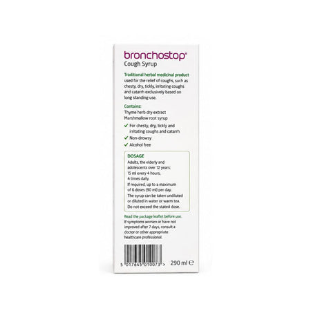 Bronchostop Cough Syrup 290ml packaging (side angle) on a white background