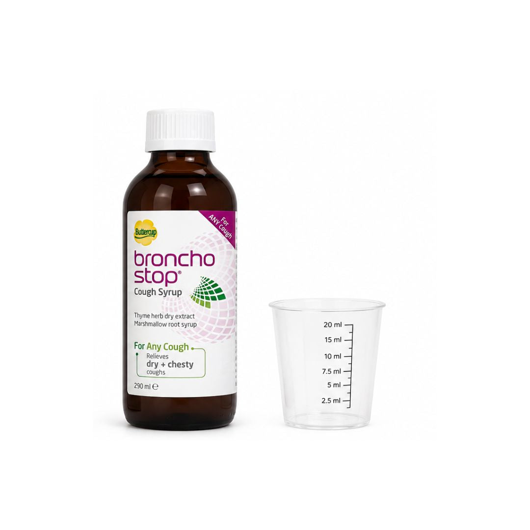 Bronchostop Cough Syrup 290ml bottle and measure on a white background