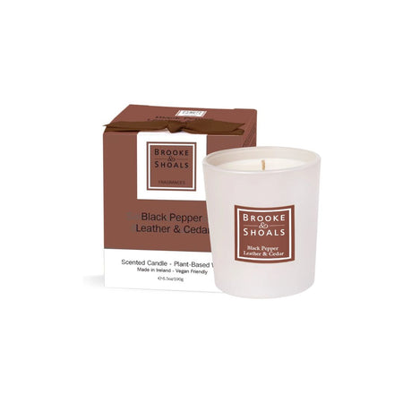 Brooke & Shoals Black Pepper Leather & Cedarwood Scented Candle 190g and packaging on a white background