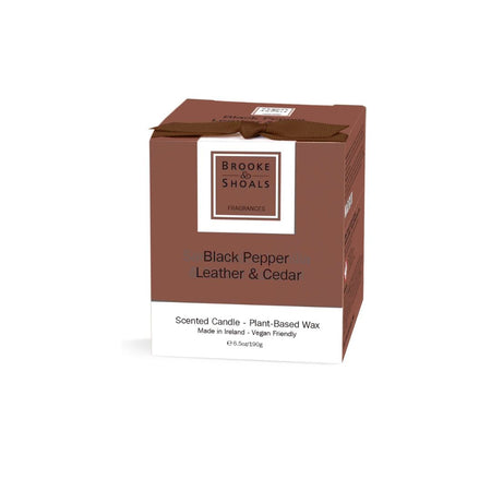 Brooke & Shoals Black Pepper Leather & Cedarwood Scented Candle packaging on a white background