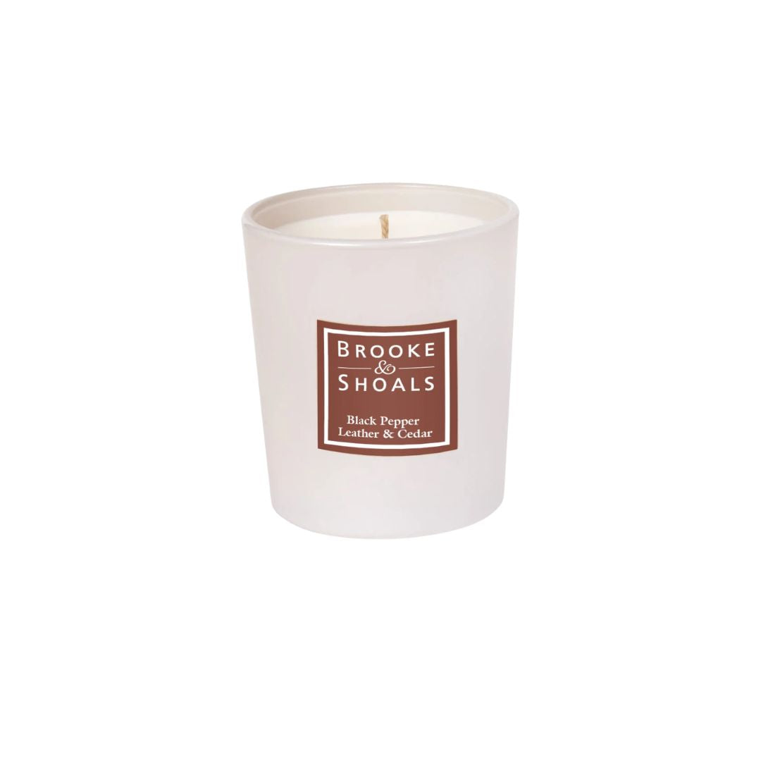 Brooke & Shoals Black Pepper Leather & Cedarwood Scented Candle on a white background