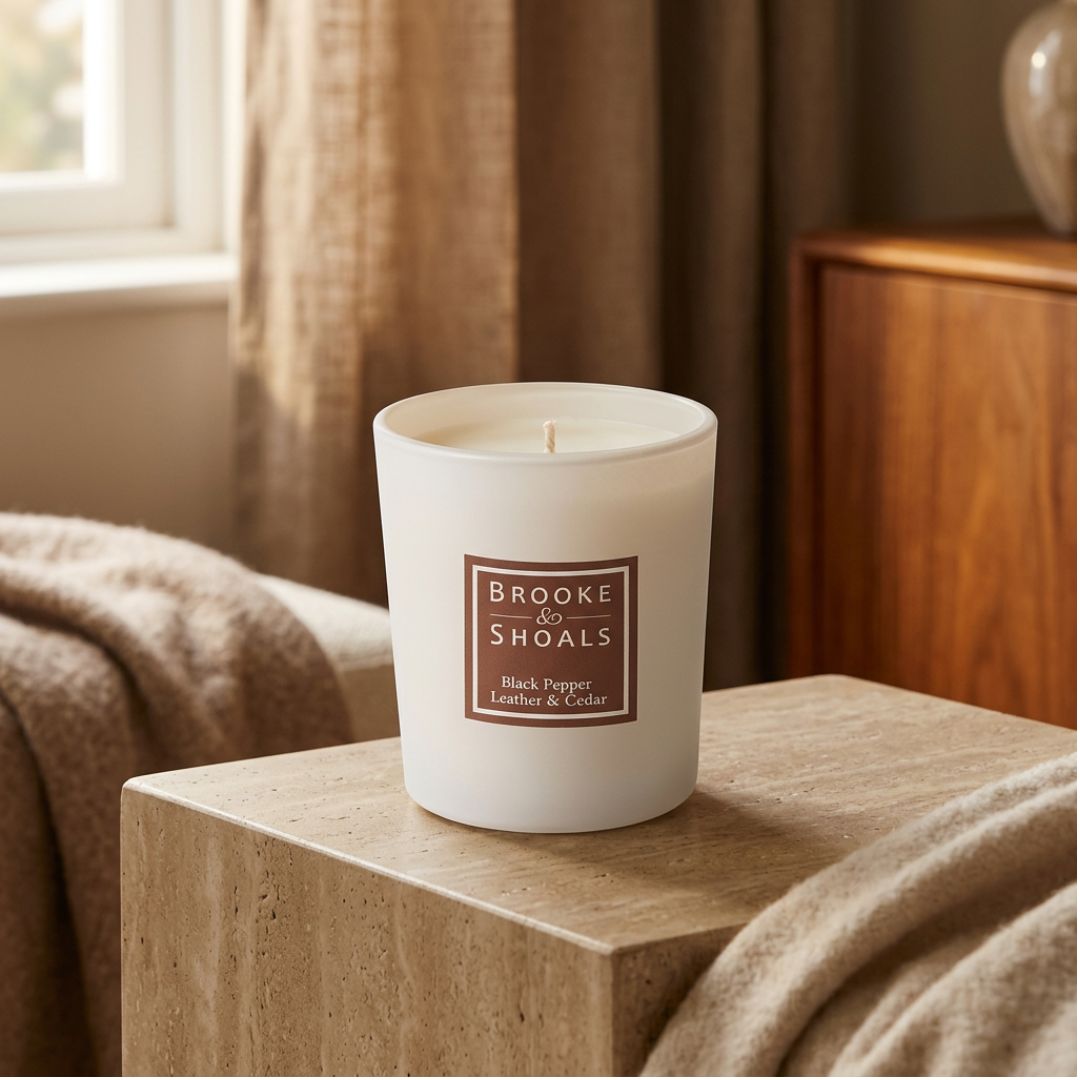 Brooke & Shoals Black Pepper Leather & Cedarwood Scented Candle 190g on a bedside cabinet