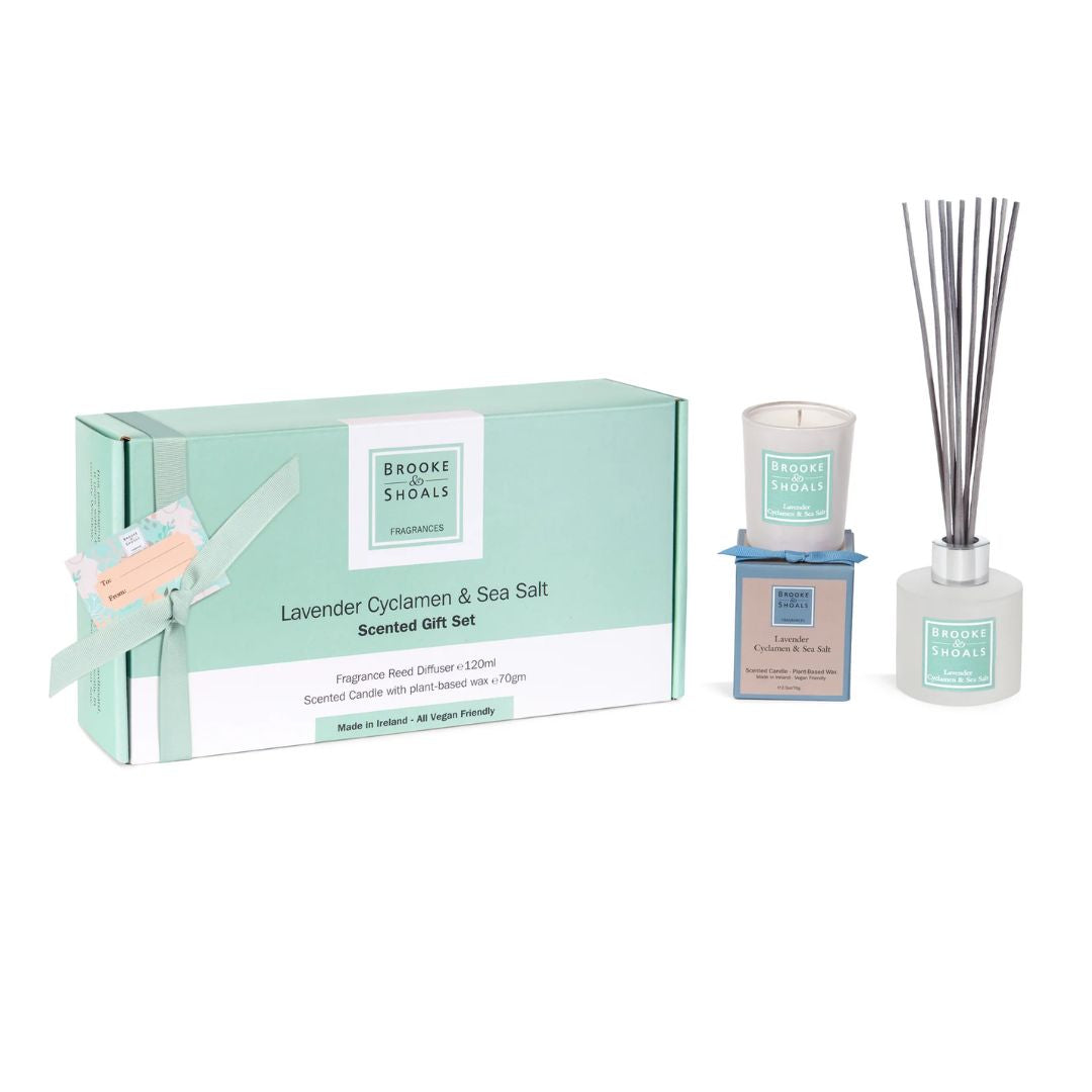 Brooke & Shoals Lavender Cyclamen & Sea Salt Gift Set and contents on a white background
