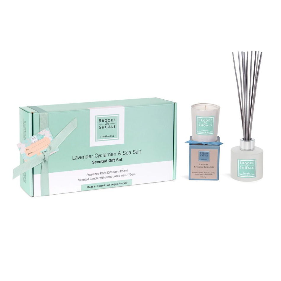 Brooke & Shoals Lavender Cyclamen & Sea Salt Gift Set and contents on a white background