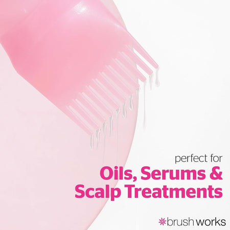 A close-up of a pink applicator brush with fine bristles, shown dripping clear liquid on a white background. Text on the image reads 'perfect for Oils, Serums & Scalp Treatments' with the brand name '*brush works' at the bottom right.