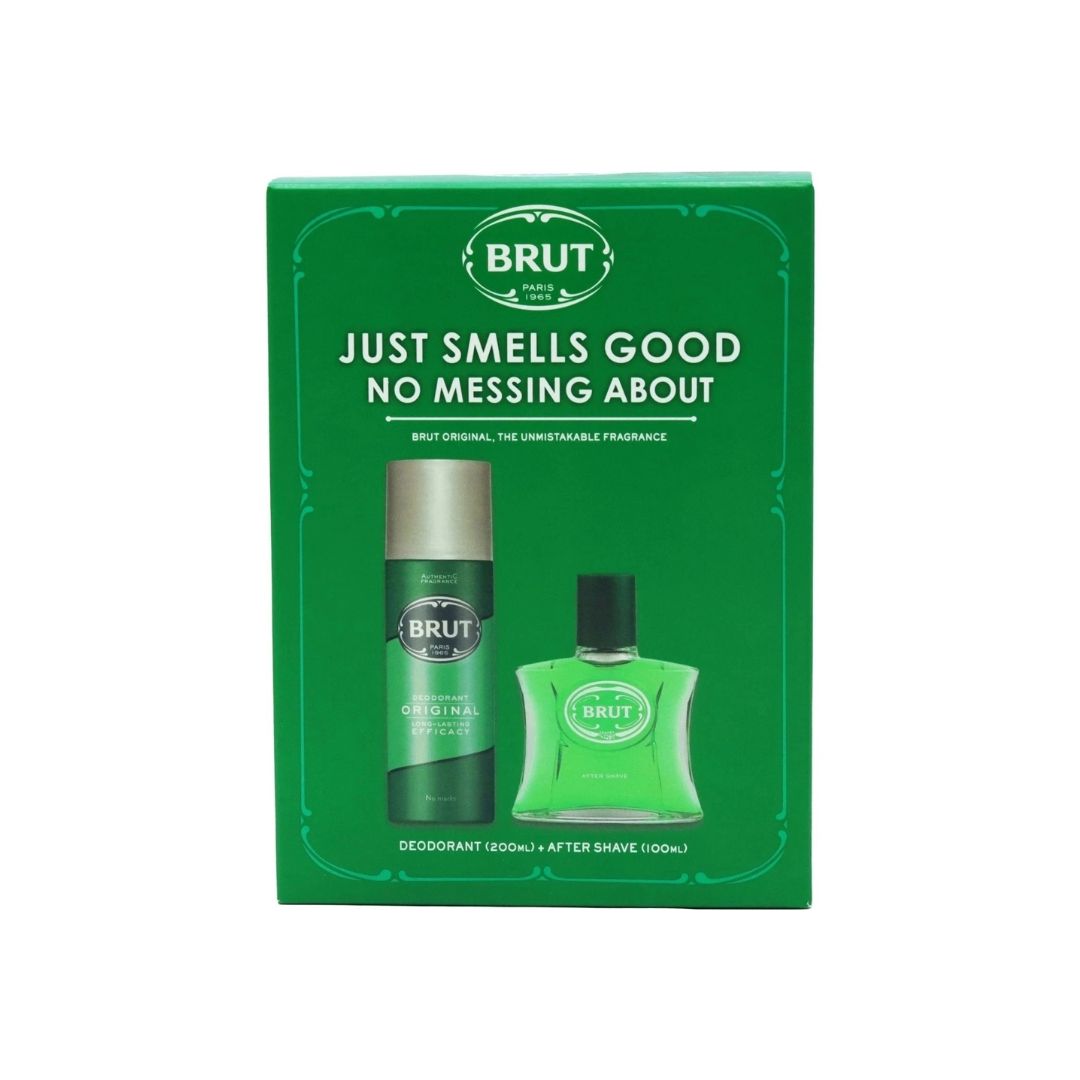 Brut Just Smells Good Aftershave and Deodorant Giftset on a white background