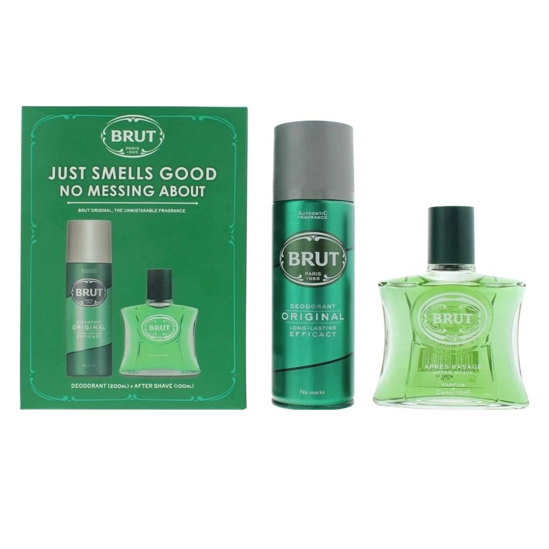 Brut Just Smells Good Aftershave and Deodorant Giftset with contents on a white background