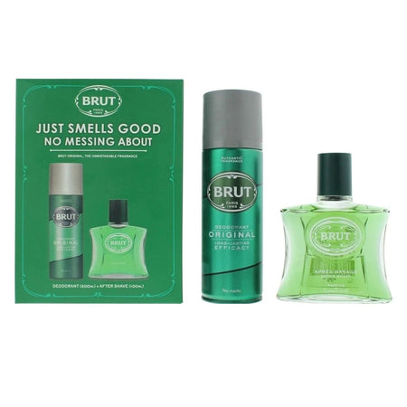 Brut Just Smells Good Aftershave and Deodorant Giftset with contents on a white background