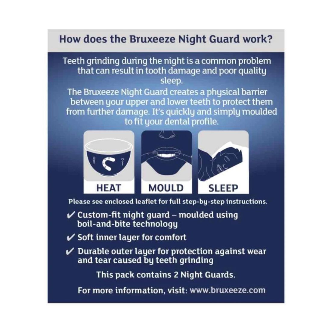 An informational product graphic for the Bruxeze Night Guard, explaining how it works with text and three simple illustrations showing heat, moulding, and sleep. The design has a dark blue gradient background with white text and icons.