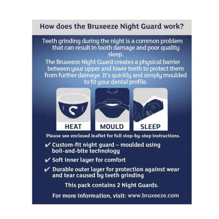 An informational product graphic for the Bruxeze Night Guard, explaining how it works with text and three simple illustrations showing heat, moulding, and sleep. The design has a dark blue gradient background with white text and icons.
