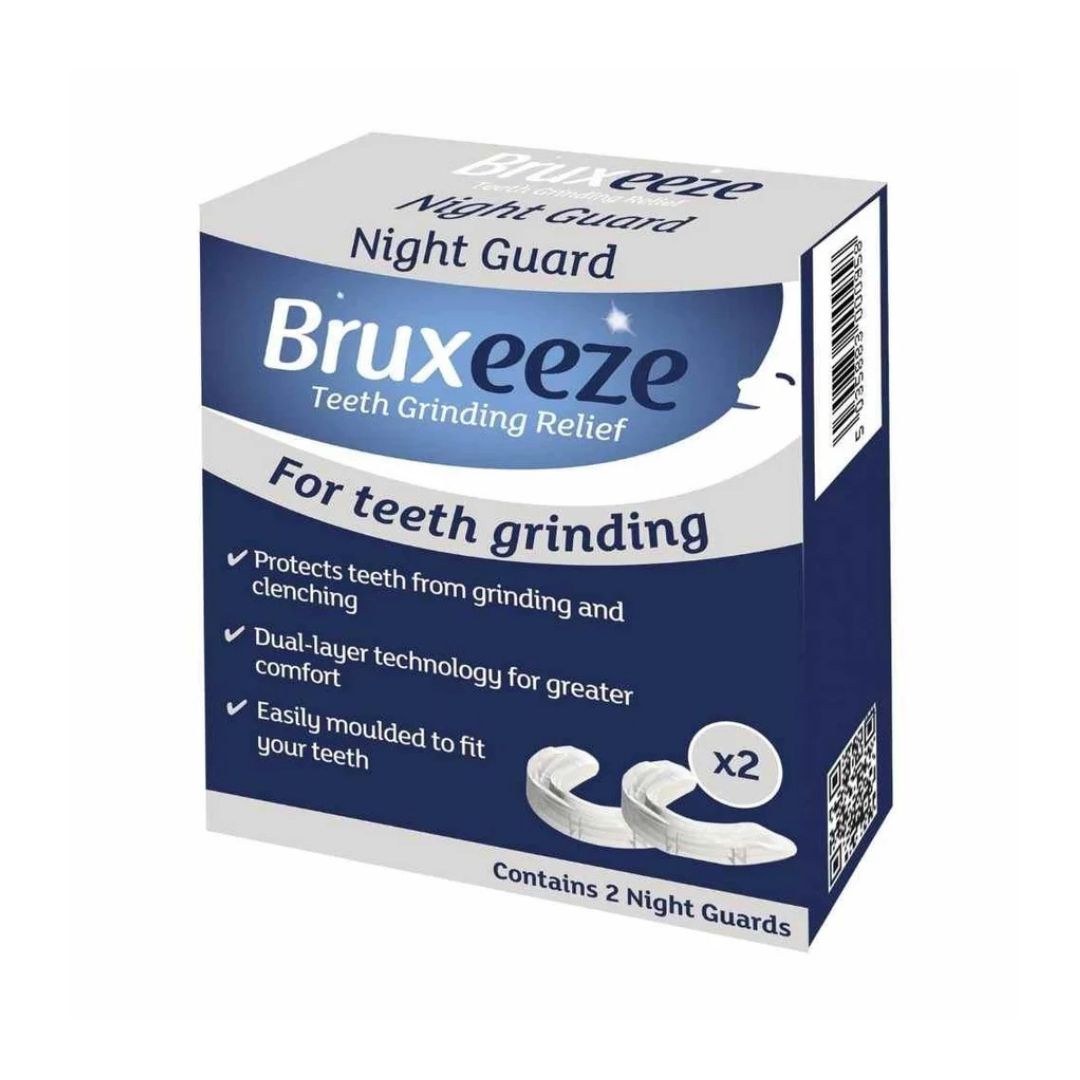 A box of Bruxeeze Teeth Grinding Relief Night Guards, containing 2 night guards, shown on a plain white background.