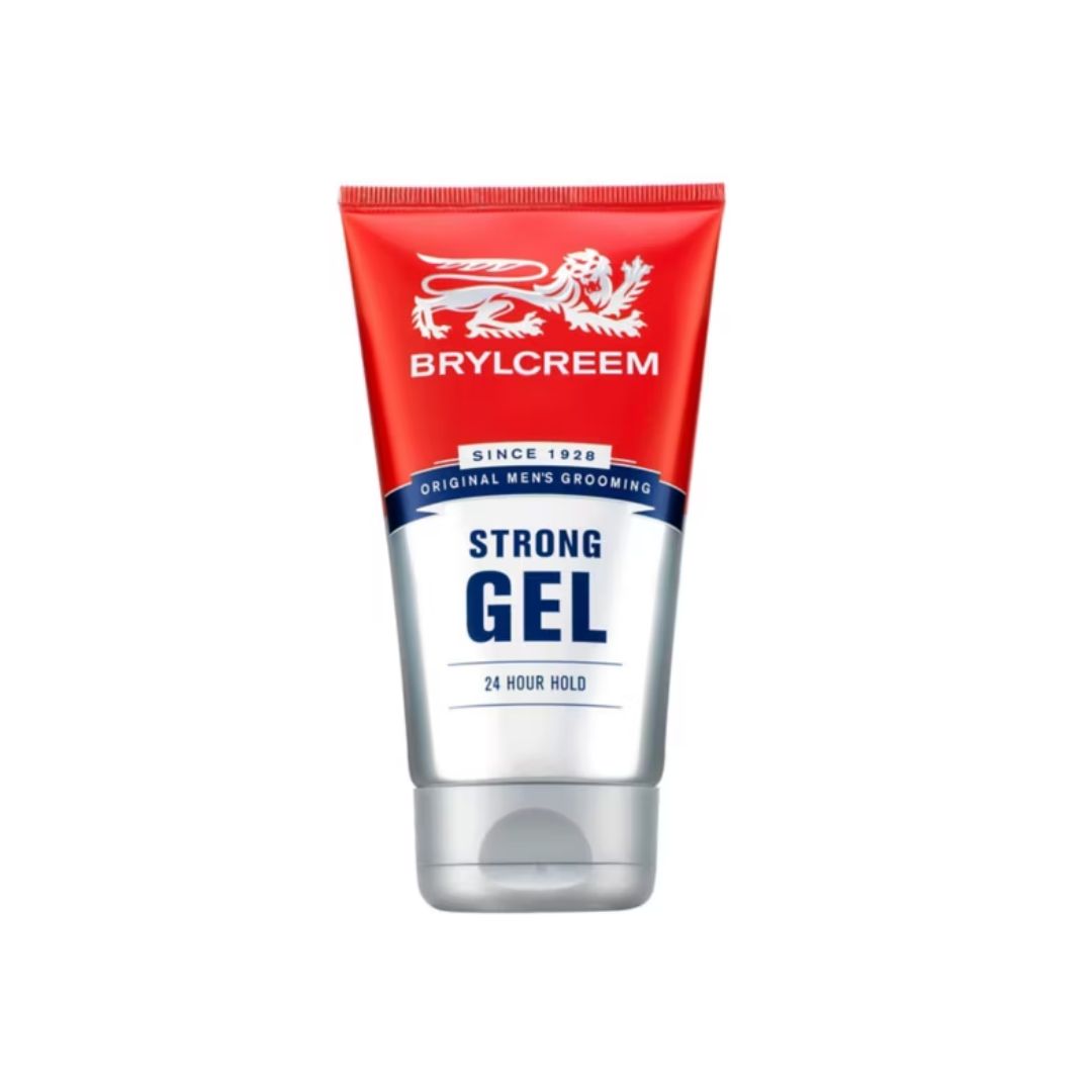 A squeeze tube of Brylcreem Strong Gel hair product, featuring a red top half with a white lion logo and text, a blue banner, and a white lower half with 'STRONG GEL' in blue, on a plain white background.