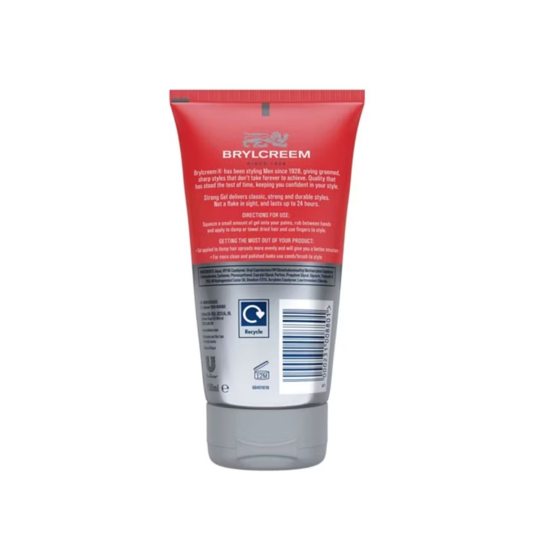 Brylcreem hair styling cream squeeze tube shown from the back, featuring a red upper section, gray lower section, and a barcode on a plain white background.