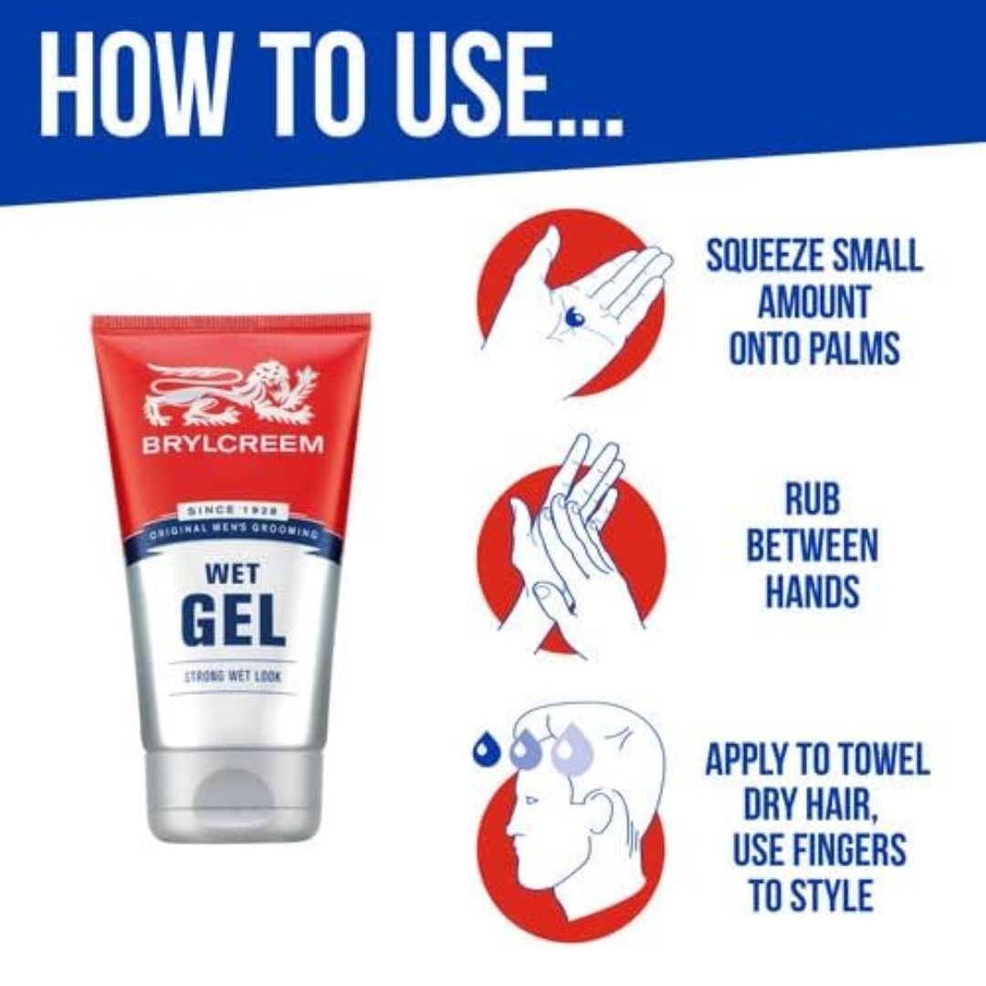 Brylcreem Wet Gel tube with usage instructions on a white background