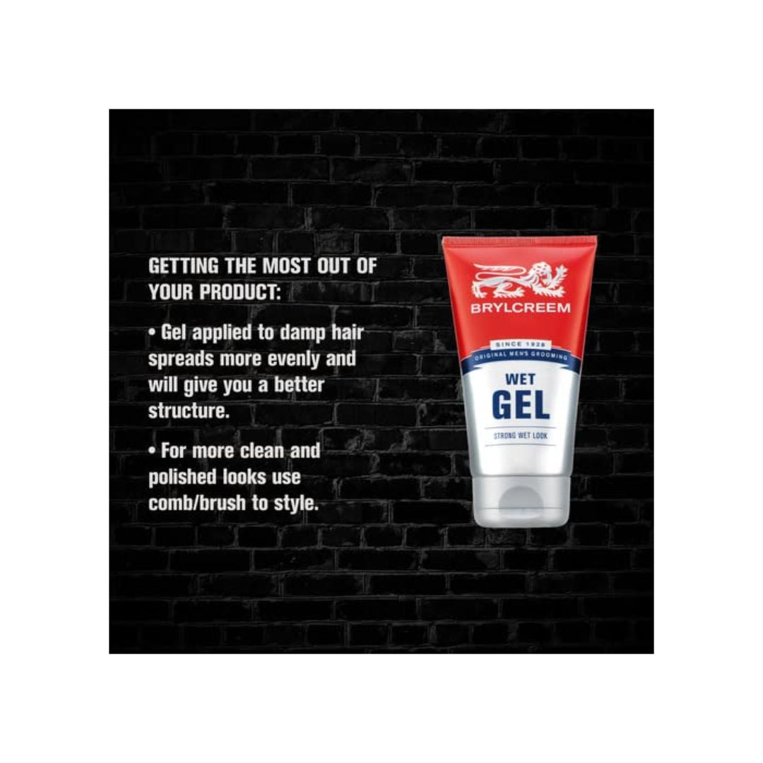 A squeeze tube of Brylcreme Wet Gel hair product shown on a black brick-texture background with white instructional text on the left.